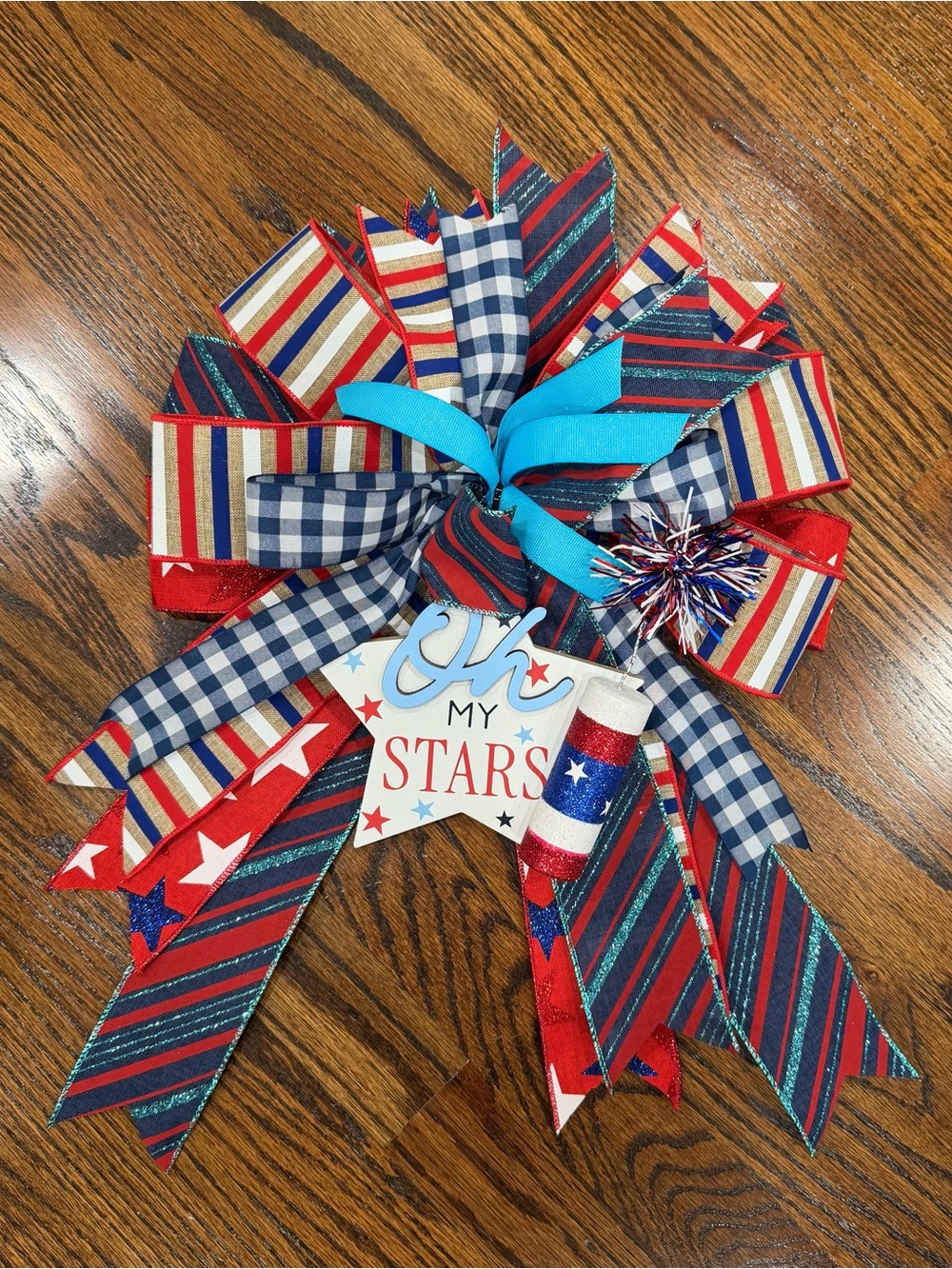 Patriotic Red, White & Blue Holiday Wreath Bow with “Oh My Stars” Charm